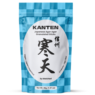 Package of KANTEN – Japanese Agar Agar Powder granulated sticks with blue checkered design, labeled as vegan, high fiber, and a Japanese superfood by Matcharl.