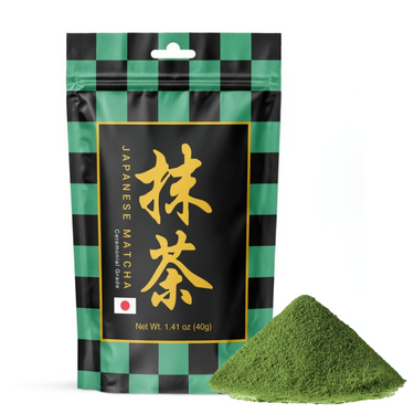 TARO POUCH - Ceremonial Grade 80g featuring premium Japanese matcha powder in a green and black checkered resealable bag alongside a vibrant green mound of matcha powder.