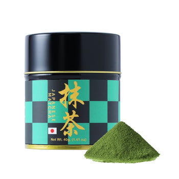 TARO - Ceremonial Grade 40g container of finely ground vibrant green Japanese matcha powder with a black and green checkered design and a small pile of matcha powder beside it.