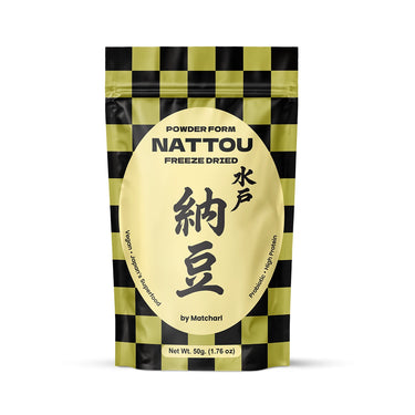 Package of NATTO - POWDER FORM freeze dried in a green and black checkered pouch with Japanese characters and product details by Matcharl, vegan and high protein superfood.
