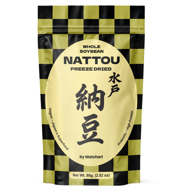 Packaging of NATTO - WHOLE SOYBEAN freeze dried by Matcha, featuring a black and yellow checkered design with Japanese characters and product details.